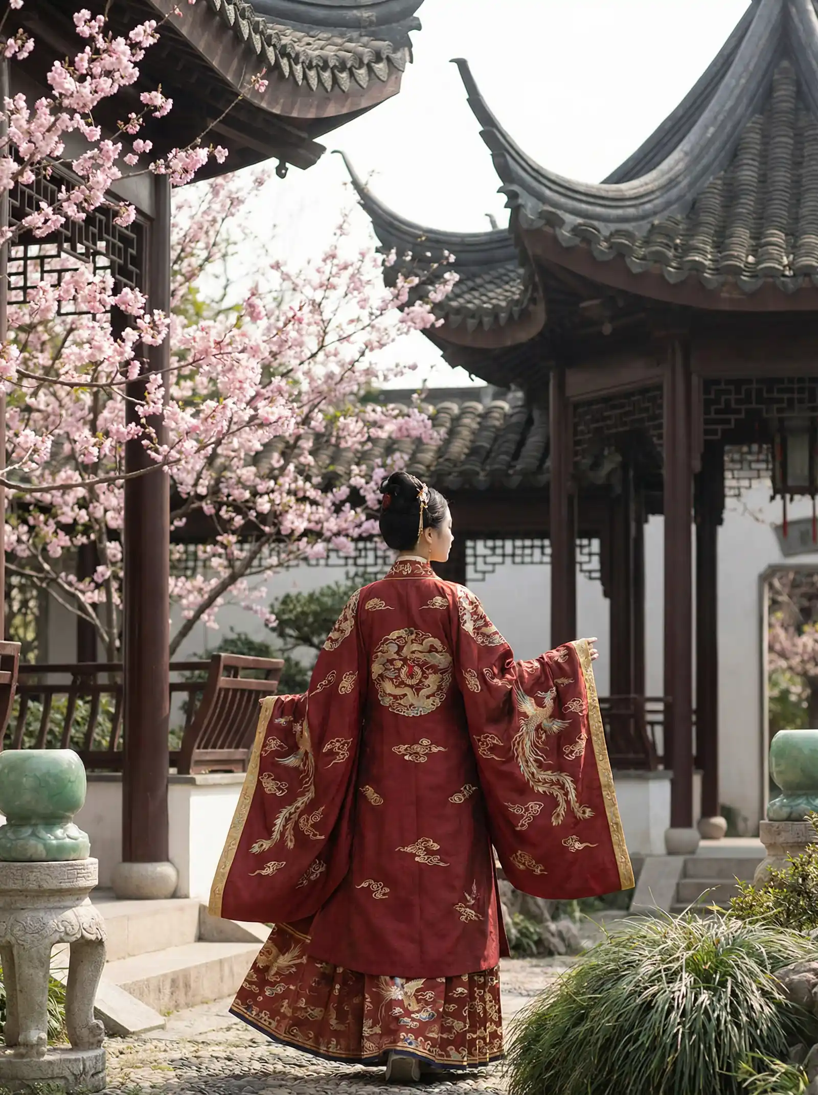 欧美满天星电影 明制汉服红色凤凰刺绣